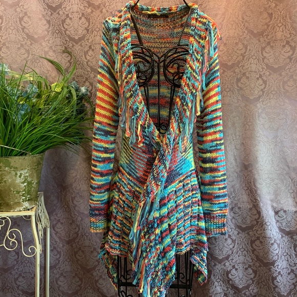 Mechant Sweaters - Mechant Loose Weave Ribbon Fringed Open Cardigan